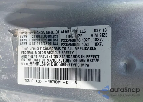 2013 Honda Odyssey Touring/Touring Elite from USA, damaged, VIN 5FNRL5H91DB050959